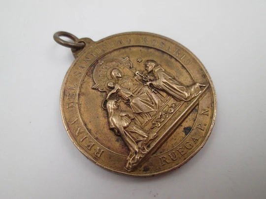 Copper medal. Queen of the Most Holy Rosary. Mary's Honor Guard. Ring on top. 1920's