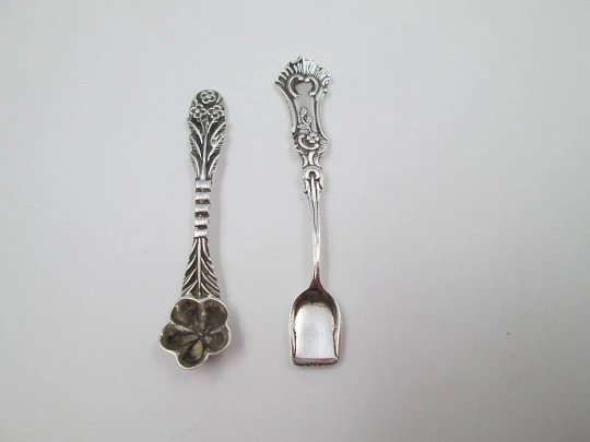 Couple small ornate antique baking soda spoons. Sterling silver. Europe. 1970's