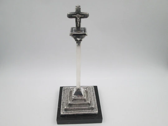 Cross on pillar. 925 sterling silver with black marble stand. Malde silversmith's. Spain. 1990's