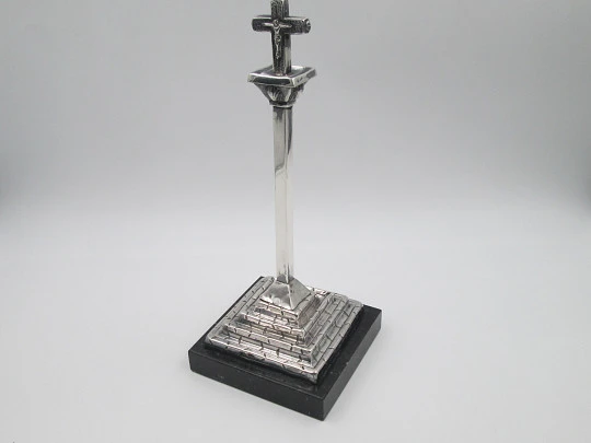 Cross on pillar. 925 sterling silver with black marble stand. Malde silversmith's. Spain. 1990's