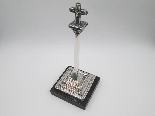 Cross on pillar. 925 sterling silver with black marble stand. Malde silversmith's. Spain. 1990's