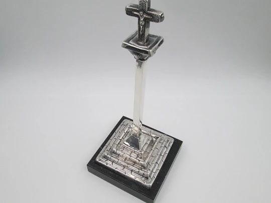 Cross on pillar. 925 sterling silver with black marble stand. Malde silversmith's. Spain. 1990's