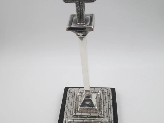 Cross on pillar. 925 sterling silver with black marble stand. Malde silversmith's. Spain. 1990's