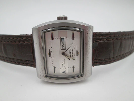 Cyma Conquistador Synchron. Stainless steel. Automatic. Square case. Date & day. 1970's