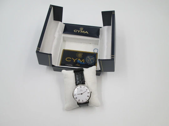 Cyma men's dress watch. Stainless steel. Manual wind. Leather strap. Original box. 1970's