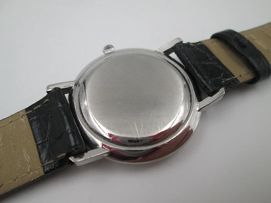 Cyma men's dress watch. Stainless steel. Manual wind. Leather strap. Original box. 1970's