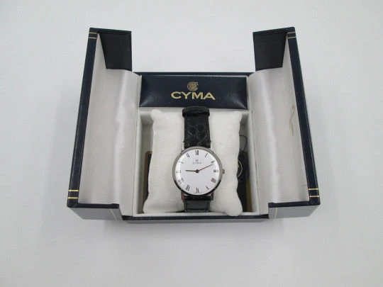 Cyma men's dress watch. Stainless steel. Manual wind. Leather strap. Original box. 1970's