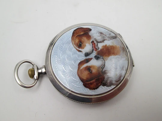 Demi-hunter swiss pocket watch. Sterling silver and enamels. Ducks and dogs motifs