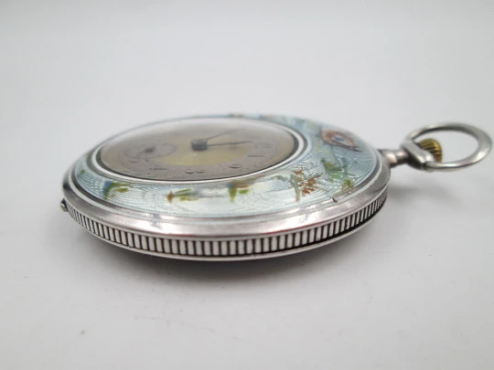 Demi-hunter swiss pocket watch. Sterling silver and enamels. Ducks and dogs motifs