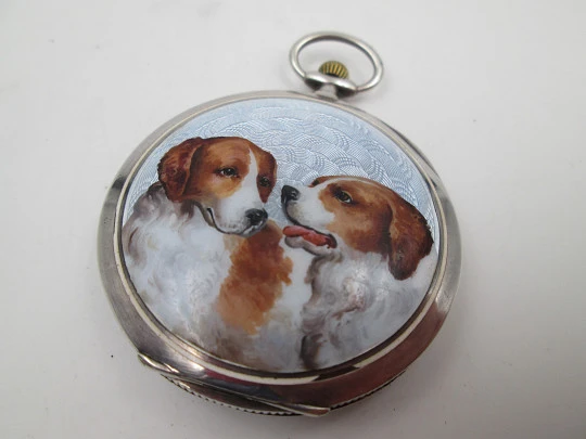 Demi-hunter swiss pocket watch. Sterling silver and enamels. Ducks and dogs motifs