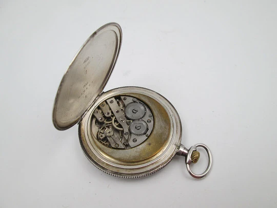 Demi-hunter swiss pocket watch. Sterling silver and enamels. Ducks and dogs motifs