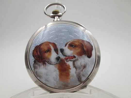 Demi-hunter swiss pocket watch. Sterling silver and enamels. Ducks and dogs motifs