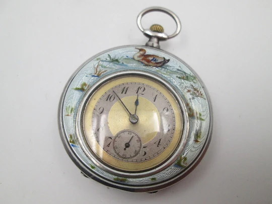 Demi-hunter swiss pocket watch. Sterling silver and enamels. Ducks and dogs motifs