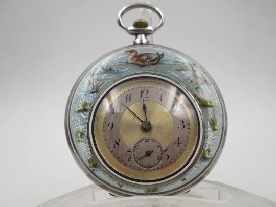 Demi-hunter swiss pocket watch. Sterling silver and enamels. Ducks and dogs motifs