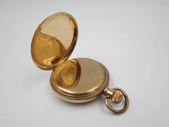 Dennison open-faced pocket watch. Gold plated. Stem-wind. Porcelain dial. 1910's