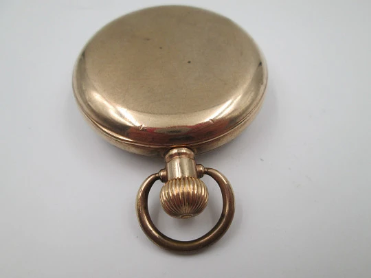 Dennison open-faced pocket watch. Gold plated. Stem-wind. Porcelain dial. 1910's