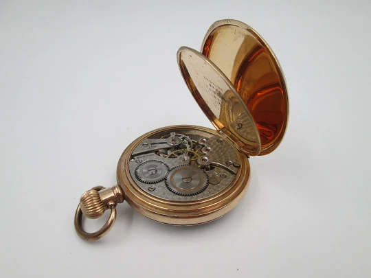 Dennison open-faced pocket watch. Gold plated. Stem-wind. Porcelain dial. 1910's