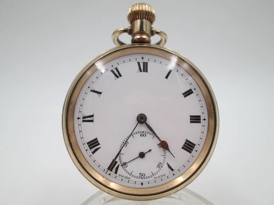 Dennison open-faced pocket watch. Gold plated. Stem-wind. Porcelain dial. 1910's