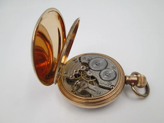 Dennison open-faced pocket watch. Gold plated. Stem-wind. Porcelain dial. 1910's