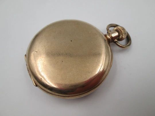 Dennison open-faced pocket watch. Gold plated. Stem-wind. Porcelain dial. 1910's