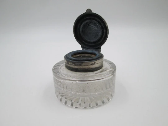 Desk carved crystal inkwell. Articulated silver plated lid. Sun motif. Europe. 1940's