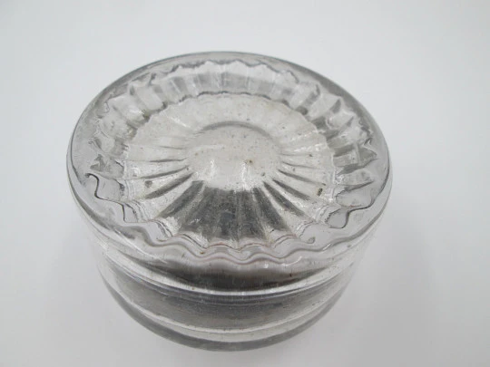 Desk carved crystal inkwell. Articulated silver plated lid. Sun motif. Europe. 1940's