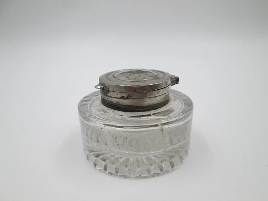 Desk carved crystal inkwell. Articulated silver plated lid. Sun motif. Europe. 1940's