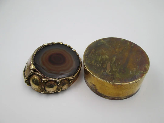 Desk table box. Gold plated metal. Agate, wild boar tusk and South America coins. 1970's
