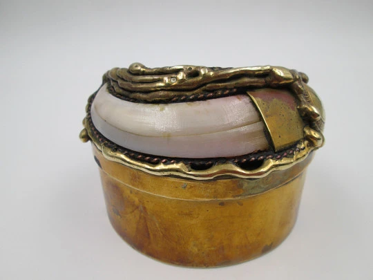Desk table box. Gold plated metal. Agate, wild boar tusk and South America coins. 1970's