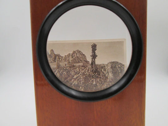 Desktop magnifying glass postcards and photos viewer. Mahogany wood and metal