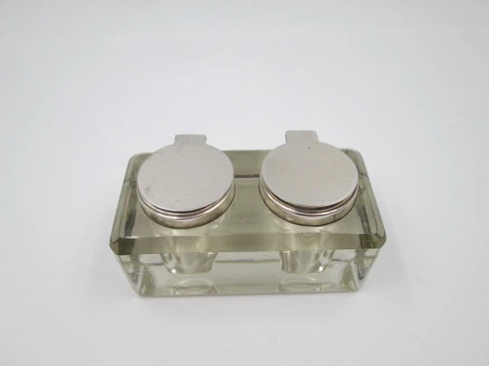 Double desktop inkwell. Glass and silver plated metal. Articulated lids. Europe. 1930's