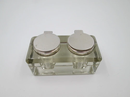 Double desktop inkwell. Glass and silver plated metal. Articulated lids. Europe. 1930's