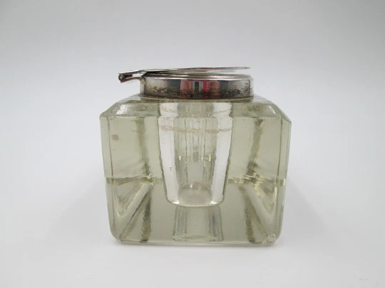 Double desktop inkwell. Glass and silver plated metal. Articulated lids. Europe. 1930's