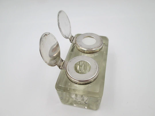 Double desktop inkwell. Glass and silver plated metal. Articulated lids. Europe. 1930's