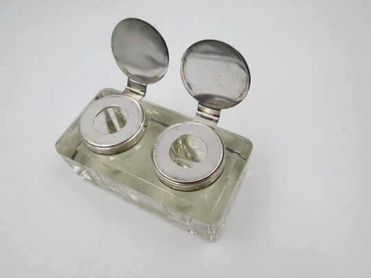 Double desktop inkwell. Glass and silver plated metal. Articulated lids. Europe. 1930's