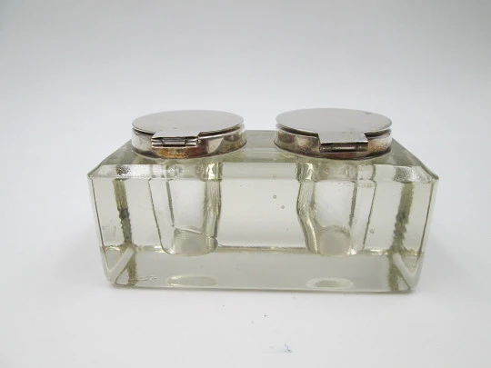 Double desktop inkwell. Glass and silver plated metal. Articulated lids. Europe. 1930's