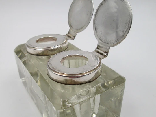 Double desktop inkwell. Glass and silver plated metal. Articulated lids. Europe. 1930's