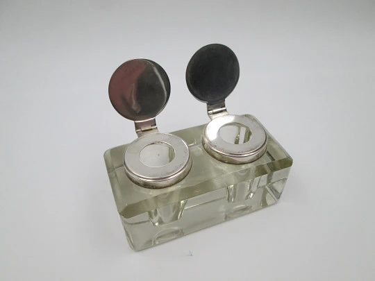 Double desktop inkwell. Glass and silver plated metal. Articulated lids. Europe. 1930's