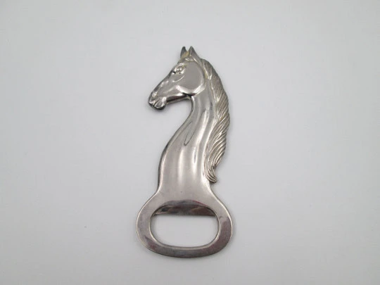 Elegant retro bottle opener. Silver plated metal. Horse bust motif. Spain. 1980's