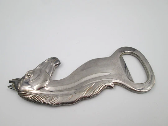 Elegant retro bottle opener. Silver plated metal. Horse bust motif. Spain. 1980's