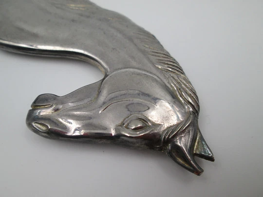 Elegant retro bottle opener. Silver plated metal. Horse bust motif. Spain. 1980's