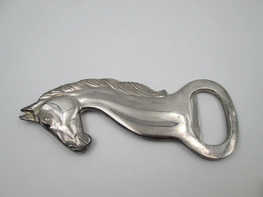 Elegant retro bottle opener. Silver plated metal. Horse bust motif. Spain. 1980's