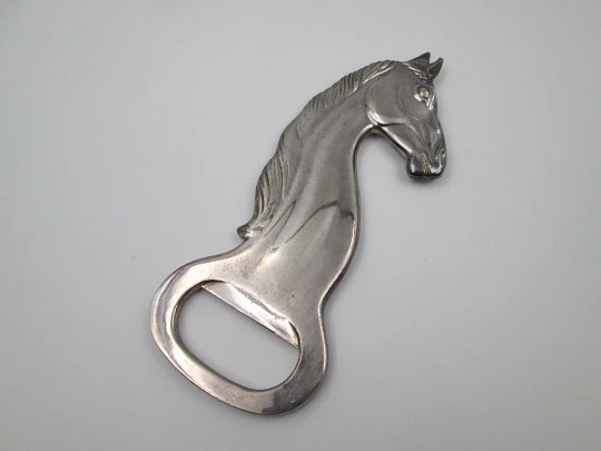 Elegant retro bottle opener. Silver plated metal. Horse bust motif. Spain. 1980's