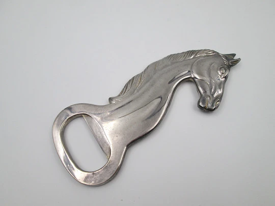 Elegant retro bottle opener. Silver plated metal. Horse bust motif. Spain. 1980's