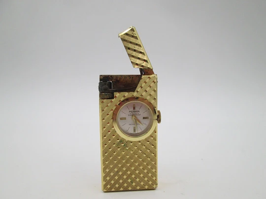 Encendedor reloj mecánico Foska. Metal chapado oro. Patrón romboidal. Suiza. 1960