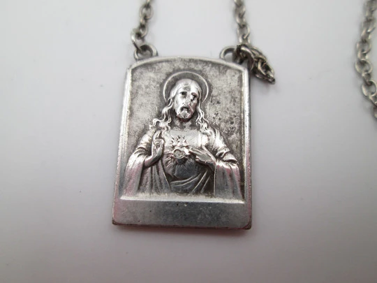 Escapulario Virgen del Carmen y Corazón de Jesús. Plata de ley. Cadena eslabones. 1950