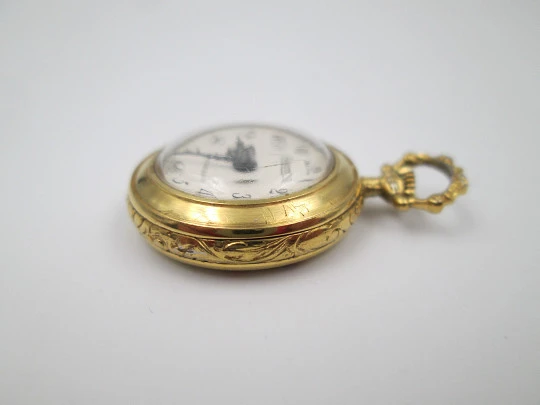 Exactus pendant watch. Gold plated metal. Manual wind. Horses enamel on back. 1960's