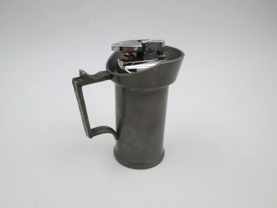 Figurative table gas lighter. Deciliter jug. Pewter and silver plated metal. Europe. 1960's