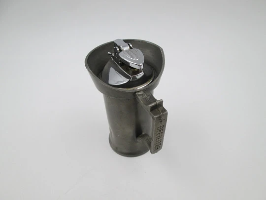 Figurative table gas lighter. Deciliter jug. Pewter and silver plated metal. Europe. 1960's