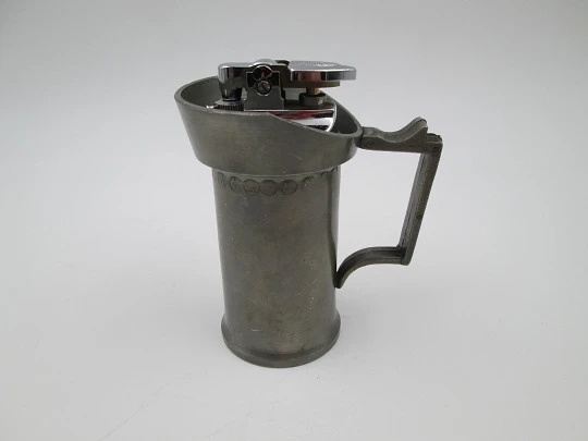 Figurative table gas lighter. Deciliter jug. Pewter and silver plated metal. Europe. 1960's